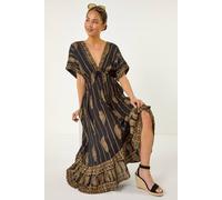 Roman Originals Animal Print Boho Maxi Dress for Women UK - Ladies Everyday Holiday Spring Summer V-Neckline Comfy Soft Evening Vacation Work Party - Petite Black - Size 8