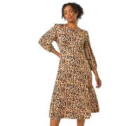 Roman Petite Gathered Chest Dress for Women UK Ladies Stretchy Fit & Flare Swing Tea A Line Skater Knee Length Long Sleeve Midi Casual Work Going Out Cocktail Party - Petite Floral Black - Size 12