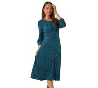 Roman Petite Gathered Chest Dress for Women UK Ladies Stretchy Fit & Flare Swing Tea A Line Skater Knee Length Long Sleeve Midi Casual Work Going Out Cocktail Party - Petite Abstract Blue - Size 12
