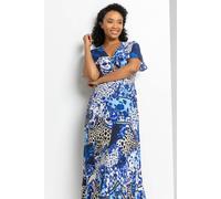 Roman Petite Geo Floral Frill Wrap Dress In Blue Blue 8
