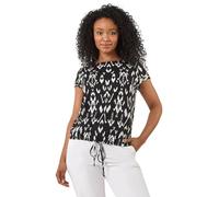 Roman Petite Geo Print Drawstring Stretch Top for Women UK Ladies Spring Everyday Summer Holiday Round Neckline Comfy Short Sleeve Soft Tie Detail Shirt Day Out - Black - Size 16