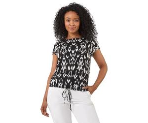 Roman Petite Geo Print Drawstring Stretch Top for Women UK Ladies Spring Everyday Summer Holiday Round Neckline Comfy Short Sleeve Soft Tie Detail Shirt Day Out - Black - Size 14