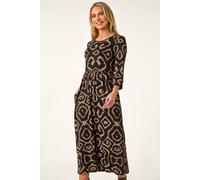 Roman Originals Midi Dress with Pockets for Women UK Ladies Stretchy Jersey Maxi Long 3/4 Length Sleeve Gathered High Waist Boho Flattering Skater Swing Fit Flare - Petite Camel - Size 14