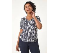 Roman Petite Geo Print V-Neck Stretch Blouse for Women UK - Ladies Everyday Autumn Winter V-Neckline Comfy Soft Evening Vacation Work Party Night Out - Petite Navy - Size 16