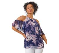 Roman Petite Halter Frill Cold Shoulder Top In Navy Navy 10