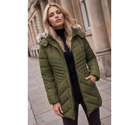Roman Quilted Padded Coat for Women UK - Ladies Parka Winter Jacket Faux Fur Trim Hooded Short Autumn Waterproof Water Resistant Everyday Holiday Comfy Work - Petite Khaki - Size 12