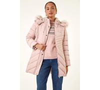 Roman Quilted Padded Coat for Women UK - Ladies Parka Winter Jacket Faux Fur Trim Hooded Short Autumn Waterproof Water Resistant Everyday Holiday Comfy Work - Petite Light Pink - Size 12