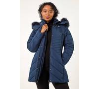 Roman Originals Quilted Padded Coat for Women UK - Ladies Parka Winter Jacket Faux Fur Trim Hooded Short Autumn Waterproof Water Resistant Everyday Holiday Comfy Work - Petite Navy - Size 14