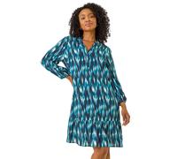 Roman Petite Ikat Print Tiered Hem Dress In Teal Teal 8