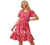 Roman Petite Ikat Print V-Neck Frill Hem Dress In Coral Coral 14