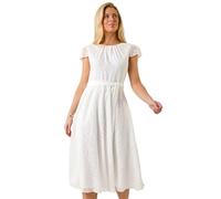 Roman Petite Jacquard Gathered Neck Dress for Women UK - Ladies Everyday Holiday Spring Summer Round Neckline Comfy Soft Evening Vacation Work Party - Petite White - Size 16