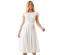 Roman Petite Jacquard Gathered Neck Dress for Women UK - Ladies Everyday Holiday Spring Summer Round Neckline Comfy Soft Evening Vacation Work Party - Petite White - Size 10