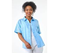 Roman Originals Short Sleeve Shirt for Women Ladies Cotton Blouse Button Through Tunic Printed Top Work Smart Casual Going Out Work Office V Neck Evening Event - Petite Blue - Size 16