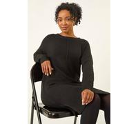 Roman Petite Knitted Pintuck Shift Dress for Women UK - Ladies Everyday Autumn Winter Round Neckline Comfy Soft Evening Vacation Work Party Night Out - Petite Black - Size 16