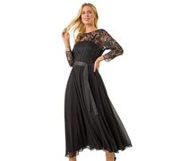 Roman Petite Lace Contrast Bodice Dress for Women UK - Ladies Everyday Autumn Winter Round Neckline Comfy Soft Evening Vacation Work Party Night Out - Petite Black - Size 12