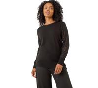 Roman Petite Lace Contrast Knit Jumper for Women UK - Ladies Everyday Autumn Winter Round Neckline Comfy Soft Evening Vacation Work Party Night Out - Petite Black - Size 12