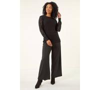 Roman Petite Lace Contrast Knit Jumper for Women UK - Ladies Everyday Autumn Winter Round Neckline Comfy Soft Evening Vacation Work Party Night Out - Petite Black - Size 12