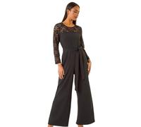 Roman Petite Lace Contrast Stretch Jumpsuit for Women UK - Ladies Everyday Autumn Winter Round Neckline Comfy Soft Evening Vacation Work Party Night Out - Petite Black - Size 12