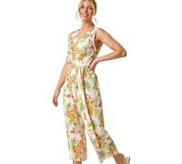 Roman Petite Leaf Border Print Jumpsuit for Women UK - Ladies Everyday Holiday Spring Summer V-Neckline Comfy Soft Evening Vacation Work Party - Petite Ivory - Size 14