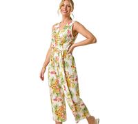 Roman Petite Leaf Border Print Jumpsuit for Women UK - Ladies Everyday Holiday Spring Summer V-Neckline Comfy Soft Evening Vacation Work Party - Petite Ivory - Size 16