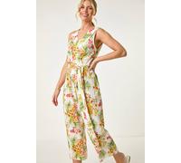 Roman Petite Leaf Border Print Jumpsuit for Women UK - Ladies Everyday Holiday Spring Summer V-Neckline Comfy Soft Evening Vacation Work Party - Petite Ivory - Size 14