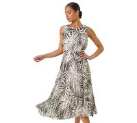 Roman Petite Leaf Print Pleated Midi Dress In Black Black 14
