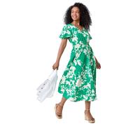 Roman Originals Shirred Waist Dress for Women UK Ladies Midi Maxi Summer Spring Tiered Frill Hem Empire Waist Short Sleeve V Neck Gathered Skirt Bohemian Holiday - Petite Green Black - Size 14