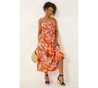 Roman Petite Leaf Print Strappy Maxi Dress In Orange Orange 14