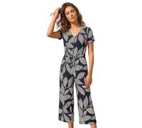 Roman Petite Leaf Print Stretch Jumpsuit for Women UK - Ladies Everyday Holiday Spring Summer V-Neckline Comfy Soft Evening Vacation Work Party - Petite Leaf Navy - Size 18