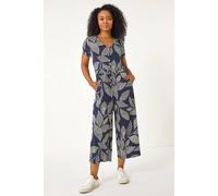 Roman Petite Leaf Print Stretch Jumpsuit In Navy Navy