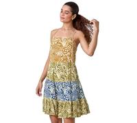 Roman Petite Leaf Print Tiered Stretch Dress for Women UK - Ladies Everyday Holiday Spring Summer Round Neckline Comfy Soft Evening Vacation Work Party - Amber - Size 10