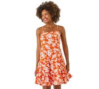 Roman Petite Leaf Print Tiered Stretch Dress for Women UK - Ladies Everyday Holiday Spring Summer Round Neckline Comfy Soft Evening Vacation Work Party - Floral Orange - Size 20