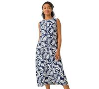 Roman Petite Leaf Print Trim Midi Dress for Women UK - Ladies Spring Everyday Summer Holiday Round Neckline Comfy Sleeveless Soft A-Line Frock Day Out Gowns - Navy - Size 8