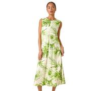 Roman Petite Leaf Print Trim Midi Dress for Women UK - Ladies Spring Everyday Summer Holiday Round Neckline Comfy Sleeveless Soft A-Line Frock Day Out Gowns - Green - Size 8