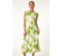 Roman Petite Leaf Print Trim Midi Dress In Green Green 8