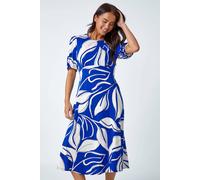 Roman Petite Leaf Stretch Midi Dress for Women UK - Ladies Everyday Holiday Spring Summer Round Neckline Comfy Soft Evening Vacation Work Party - Royal Blue - Size 14