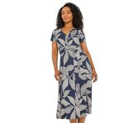 Roman Petite Leaf Tie Waist Midi Dress for Women UK - Ladies Everyday Autumn Winter V-Neckline Comfy Soft Evening Vacation Work Party Night Out - Petite Navy - Size 14