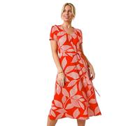 Roman Petite Leaf Tie Waist Midi Dress for Women UK - Ladies Everyday Autumn Winter V-Neckline Comfy Soft Evening Vacation Work Party Night Out - Petite Coral - Size 14