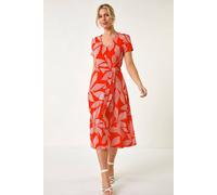 Petite Leaf Tie Waist Midi Dress Roman Coral 14