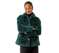 Roman Petite Leopard Faux Fur Coat For Women UK - Ladies Everyday Autumn Winter Collared Neckline Comfy Soft Evening Vacation Work Party Night Out - Petite Green - Size 10