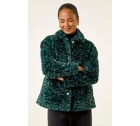 Roman Petite Leopard Faux Fur Coat For Women UK - Ladies Everyday Autumn Winter Collared Neckline Comfy Soft Evening Vacation Work Party Night Out - Petite Green - Size 12