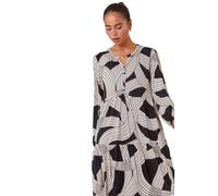 Roman Petite Linear Print Tiered Stretch Dress for Women UK - Ladies Autumn Everyday Winter Holiday V-Neckline Comfy Long Sleeve Soft Button Front Frock Day Date Gowns - Black - Size 12