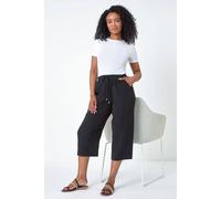 Roman Petite Linen Mix Wide Cropped Trousers for Women UK Ladies Spring Everyday Summer Break Elasticated Waist Comfy Pocket Detail Soft Lightweight Pants Vacation Culottes - Black - Size 8