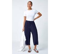 Roman Petite Linen Mix Wide Cropped Trousers for Women UK Ladies Spring Everyday Summer Break Elasticated Waist Comfy Pocket Detail Soft Lightweight Pants Vacation Culottes - Navy - Size 18