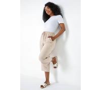 Roman Petite Linen Mix Wide Cropped Trousers for Women UK Ladies Spring Everyday Summer Break Elasticated Waist Comfy Pocket Detail Soft Lightweight Pants Vacation Culottes - Stone - Size 16
