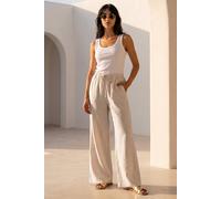 Roman Petite Linen Mix Wide Leg Trouser for Women UK - Ladies Everyday Holiday Spring Summer Comfy Soft Evening Vacation Work Party - Natural - Size 14