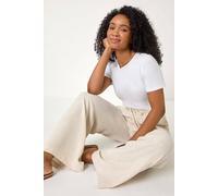Roman Petite Linen Mix Wide Leg Trouser for Women UK - Ladies Everyday Holiday Spring Summer Comfy Soft Evening Vacation Work Party - Natural - Size 12