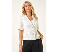 Roman Petite Linen Mix Buttoned Jacket for Women UK - Ladies Everyday Holiday Spring Summer V-Neckline Comfy Soft Evening Vacation Work Party - Petite White - Size 16