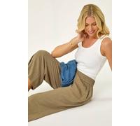 Roman Petite Linen Mix Wide Cropped Trousers for Women UK Ladies Spring Everyday Summer Break Elasticated Waist Comfy Pocket Detail Soft Lightweight Pants Vacation - Petite Khaki - Size 12