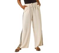 Roman Petite Linen Mix Side Stripe Trouser for Women UK - Ladies Everyday Holiday Spring Summer Comfy Soft Evening Vacation Work Party - Petite Natural - Size 18